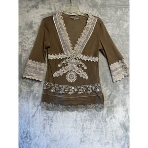 Passion Concept Womens Brown Mesh Lace Tunic Top Boho V-Neck 3/4 Sleeve Large
